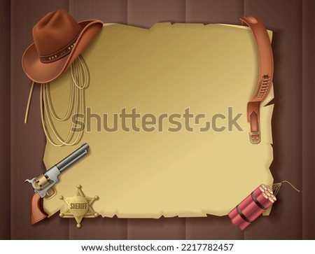 Wild west cartoon composition with top view of empty sheet with cowboy garments and sheriff accessories vector illustration