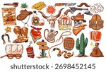 Wild West cartoon elements set. Cowboy hat and gun, horseshoe and robber wanted poster, sheriffs star and money bag, saloon. American Old West mascots, cartoon collection vector illustration
