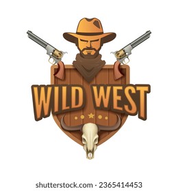 emblema de dibujos animados del oeste salvaje con composición de pistolas de cabeza humana estrellas cráneo animal y ilustración de vector de texto editable
