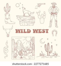 Wild west cartoon icons set. desert landscape with mountains and cactus, coyote, cowboy. retro vector