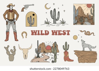 Wild west cartoon icons set. desert landscape with mountains and cactus, coyote, cowboy. retro vector illustration