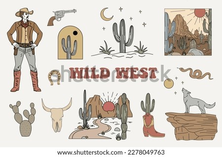 Wild west cartoon icons set. desert landscape with mountains and cactus, coyote, cowboy. retro vector illustration