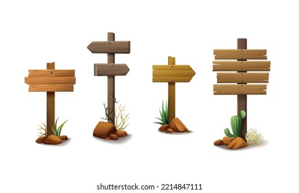 Wild West Cartoon Set Of Four Isolated Wooden Posts With Empty Arrow Signboards On Blank Background Vector Illustration