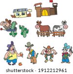 Wild west cartoon set. Various cowboys, drunk with alcohol, bottles, guns, a sheriff with a pistol, cows in a barn, a cactus, a farm. Flat infographics. Vector illustration in cartoon style.