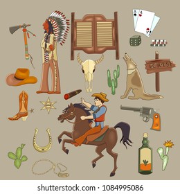 Wild west cartoon set.Vector illustration of  Mustang, cowboy, cactus, tequila, long gun, horseshoe, indian, shief, leather boots, saloon, tomahawk, buffalo skull, lasso.