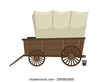 Wild west cartoon wagon with tent. Old western carriage icon isolated on white background