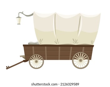 Wild west cartoon wagon with tent. Old western carriage icon isolated on white background
