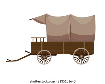 Wild west cartoon wagon with tent. Old western carriage icon isolated on white background