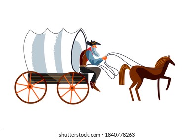 Wild West Character, Man Traveling With Wagon Cart By Horse. Western American Person Vector Illustration. Senior Man With Beard In Hat Sitting In Cart Isolated On White Background.