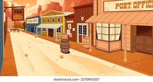 Wild west city. American town in desert. Sunny old street with bar, store, tavern, hotel. Empty sand road between texas buildings, western facades. Cowboy country panorama. Flat vector illustration