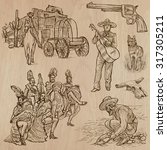 WILD WEST. Collection of an hand drawn vector illustrations. Freehand sketching. Each drawing comprise a few layers of lines. Colored background is isolated. Editable in layers and groups.