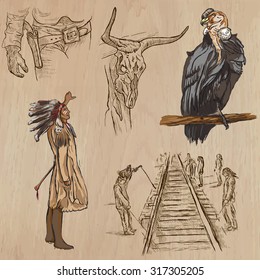 WILD WEST. Collection of an hand drawn vector illustrations. Freehand sketching. Each drawing comprise a few layers of lines. Colored background is isolated. Editable in layers and groups.