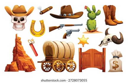 Coleção do Oeste Selvagem com carroça, cactos, crânios, ferradura e equipamentos de cowboy. Ilustração de desenho animado vetorial