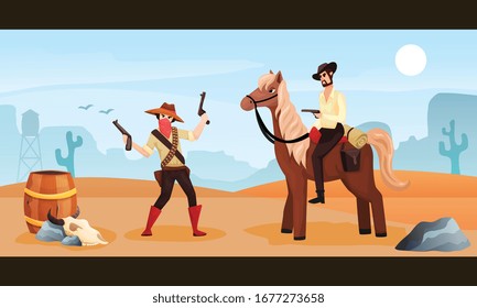 Wild-westfarbiges Cartoon-Poster mit Cowboy-Reiten-Treffen mit Gangster mit zwei Waffen-Vektorillustration-Illustration