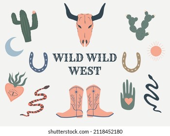 Wild West colored hand drawn illustrations with cowboy hat, bull, mountains, snake, cactus and other icons