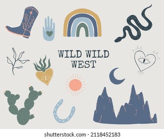 Wild West colored hand drawn illustrations with cowboy hat, bull, mountains, snake, cactus and other icons