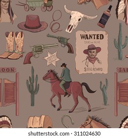Wild West colored hand drawn pattern with Injun, cowboy, van, horse, cactus, hat, horseshoe, lasso, sheriff.