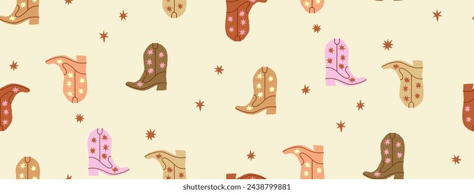 Wild west colorful cowgirl boots seamless pattern. Boho hand drawn background