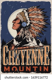 Wild west colorful poster with smoking pipe and american indian chief wearing feathers headwear on night forest landscape in vintage style vector illustration