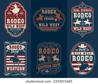 Wild west colorful set flyers for inviting viewers to rodeo show with bull or horse riders silhouettes vector illustration