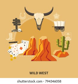 Wild west composition with prairie elements, cow skull, playing cards, wooden signpost on sand background vector illustration 