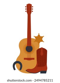 Wild West composition - sheriff star, cowboy boot spurs, guitar, horseshoe. Simplicity and quiet illustration related with westerns, cowboy aesthetic and american frontier. Vector, objects, isolated