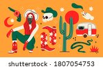 Wild West concept. Various objects. Cowboy theme. Boots, gun, cactus, snake, lady in hat, camper, skull, cigarette. Hand drawn colored Vector set. All elements are isolated