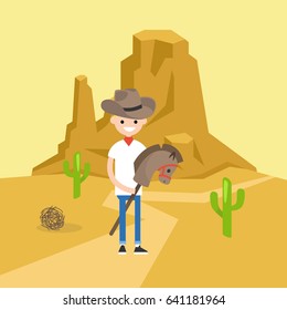 Wild west conceptual illustration. Young boy wearing a cowboy hat and riding a hobbyhorse / flat editable vector illustration, clip art