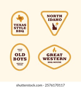 Wild west country emblems set. Texas style BBQ, North Idaho, Old Boys, Great Western. Vintage vector illustrations collection isolated on white background
