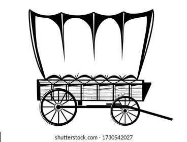 Wild west covered wagon black silhouette. Vector Western illustration isolated on white 