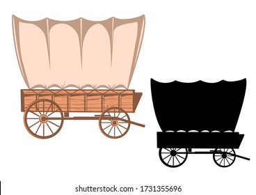 Wild west covered wagon black silhouette. Vector Western color illustration isolated on white 