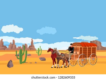 Wild West covered wagons and cowboys in desert landscape. Vector illustration 