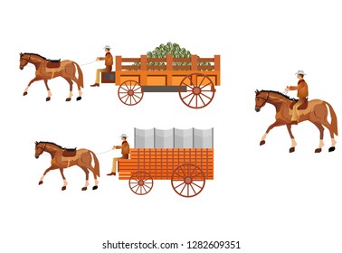 Wild West covered wagons and cowboys isolated on white. Vector illustration 