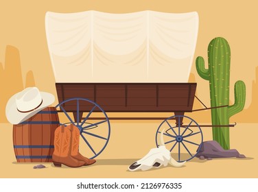 Wild West covered wooden wagon vector flat illustration. Traditional Western transportation with cowboy hat, boots, cactus, barrel and cow skull at desert. Retro passenger or freight moving carriage svg
