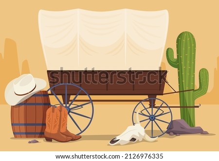 Wild West covered wooden wagon vector flat illustration. Traditional Western transportation with cowboy hat, boots, cactus, barrel and cow skull at desert. Retro passenger or freight moving carriage