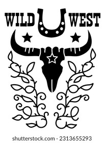 Wild West with cow bull and horseshoe decoration. Vector cowboy rodeo silhouette on white background.