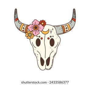 Wild west cow skull western groovy item. Isolated vector decorated bull dead skeleton head, rustic decor, embodying the rugged spirit of the frontier with intricate boho style symbols and flowers