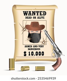 Wild West. Cowboy bandit wanted poster. Vector art illustration