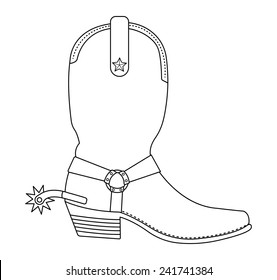 Wild west cowboy boot with spur and star. Contour lines vector clip art illustration isolated on white
