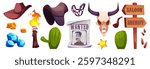 Wild West cowboy cartoon elements set - wanted poster and sheriff star badge, cactus and wooden saloon signboard, bull skull with horns, hat and smoking pipe, horse saddle and bridle, flaming torch.
