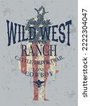 Wild West cowboy cattle drive trail vintage grunge vector print for western wear boy man t shirt