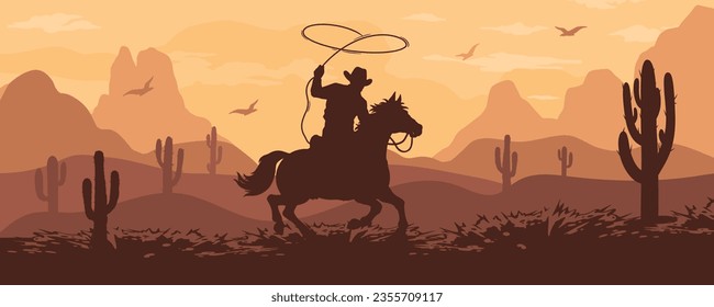 Wild west cowboy colorful sticker with silhouette of man swinging lasso and riding horse through desert southern territories vector illustration