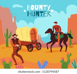 Wild west cowboy composition with desert scenery and vintage human characters with flat images and text vector illustration