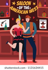 Wild west cowboy composition of flat human characters and vintage scenery of indoor pub bar interior vector illustration