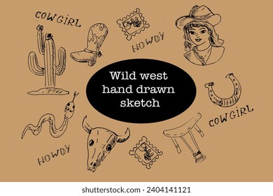 Vaquero salvaje del oeste o vectores dibujados por la mano de vaquera. Esquema de la ilustración del vector. Se incluyeron cowgirl, cactus, herradura, cráneo de animal, estampado postal, silla de ruedas, serpiente. 