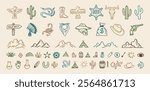 Wild west cowboy doodle icon set. Hand drawn boho signs collection. Aztec southwestern elements set. Vector illustration
