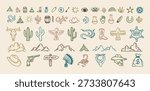 Wild west cowboy doodle icon set. Hand drawn boho signs collection. Aztec southwestern elements set. Vector illustration