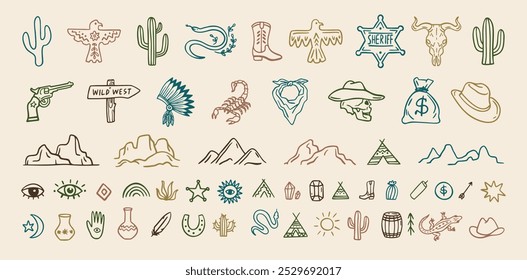 Conjunto de iconos de doodle de cowboy salvaje oeste. Dibujado a mano boho signos de colección. Conjunto de Elementos aztecas del suroeste. Ilustración vectorial