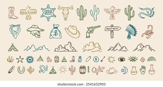 Wild west cowboy doodle icon set. Hand drawn boho signs collection. Aztec southwestern elements set. Vector illustration