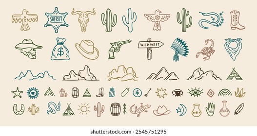 Wild west cowboy doodle icon set. Hand drawn boho signs collection. Aztec southwestern elements set. Vector illustration